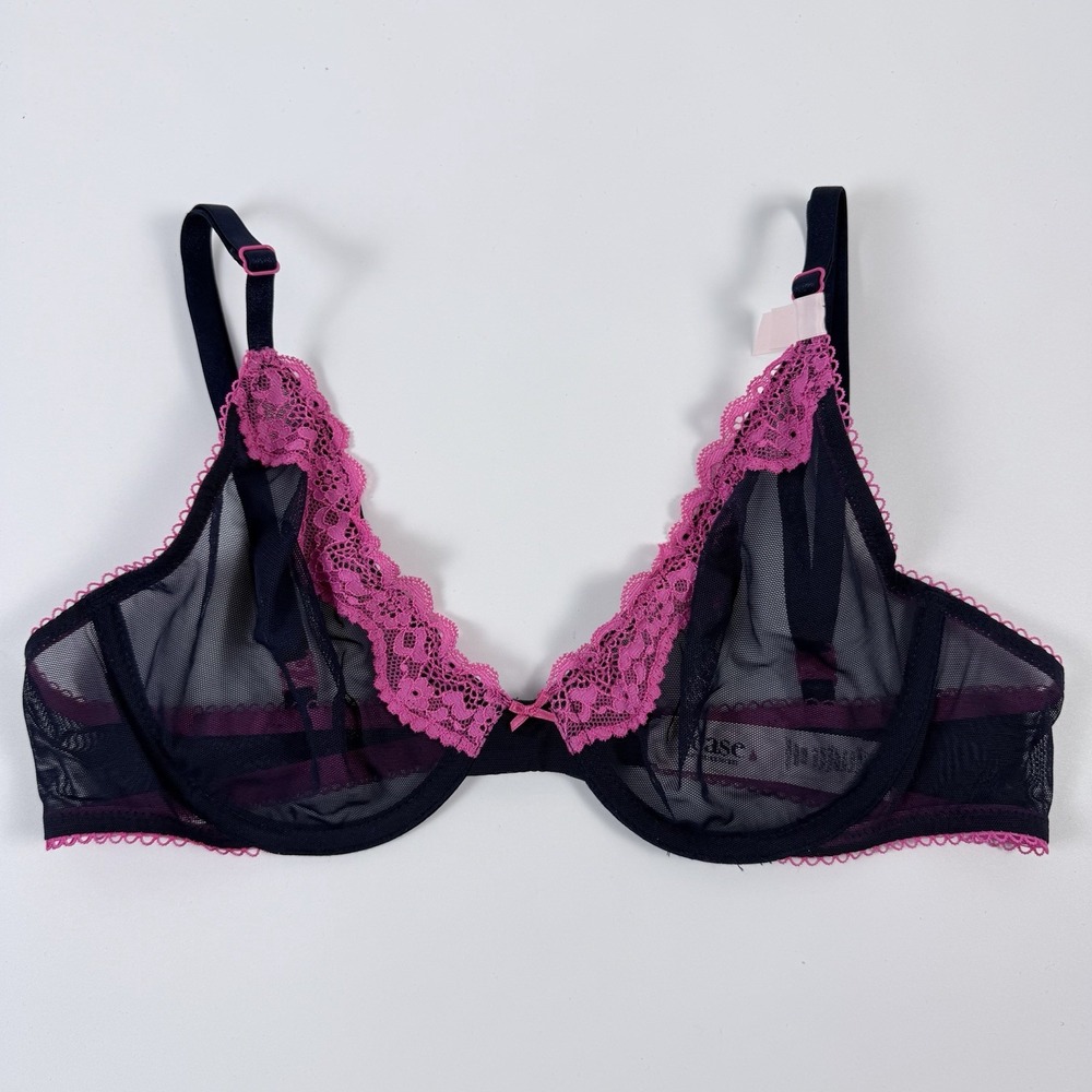 Victoria's Secret Tease Unlined Demi Bra Dark Blue Mesh Sheer Fuchsia Lace 36B